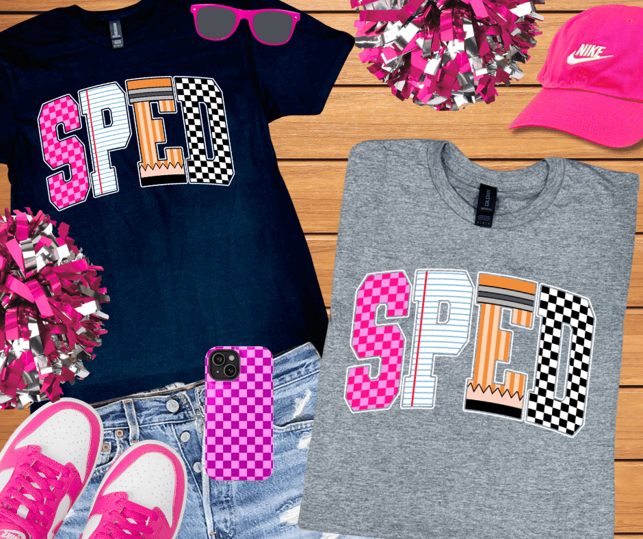 Checkered, Notebook, Pencil SPED Letters (Pick Your Tee Color) - Tees - The Red Rival