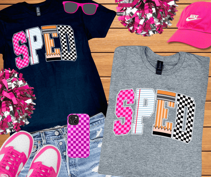 Checkered, Notebook, Pencil SPED Letters (Pick Your Tee Color) - Tees - The Red Rival