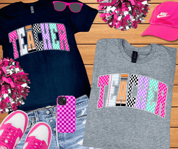 Checkered, Notebook, Pencil TEACHER Letters (Pick Your Tee Color) - Tees - The Red Rival