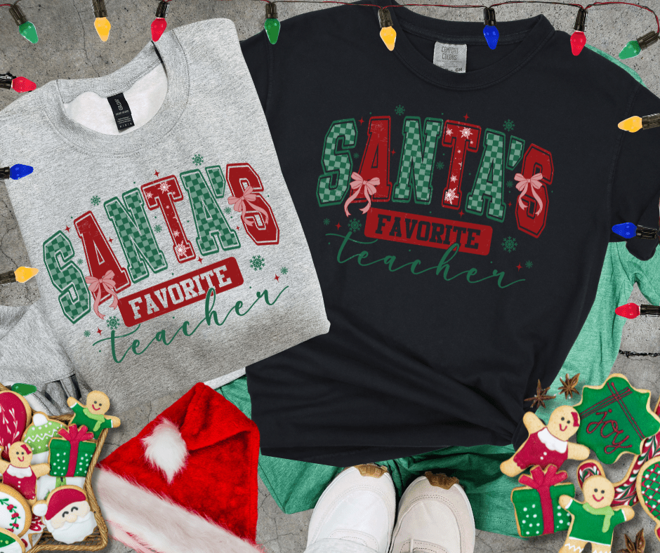 Checkered Santa's Favorite Teacher (Pick Your Style & Color) - Tees - The Red Rival