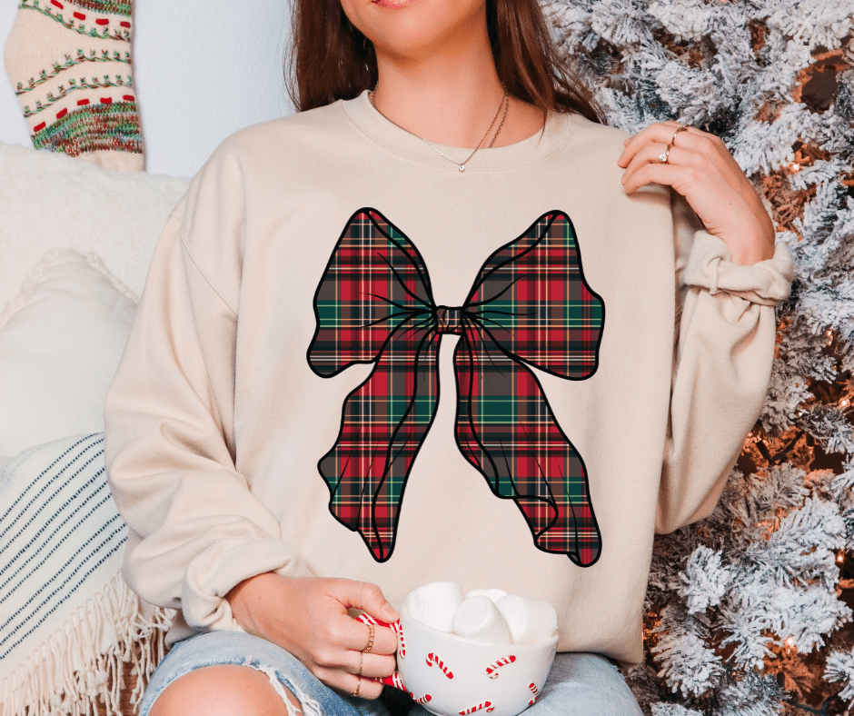 Christmas Plaid Bow (Pick Your Sweatshirt Color) - Graphic Tee - The Red Rival