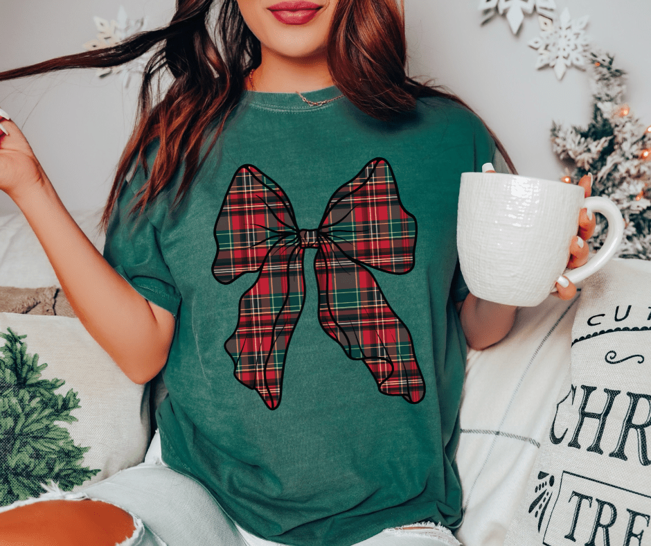 Christmas Plaid Bow Pick Your Tee Color) - Graphic Tee - The Red Rival