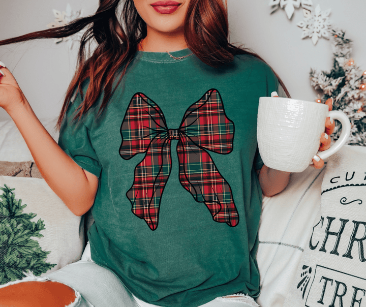 Christmas Plaid Bow Pick Your Tee Color) - Graphic Tee - The Red Rival
