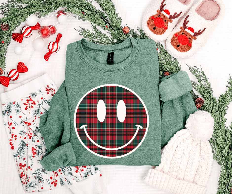 Christmas Plaid Smiley Face (Pick Your Sweatshirt Color) - Graphic Tee - The Red Rival