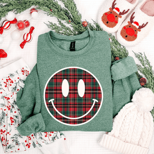 Christmas Plaid Smiley Face (Pick Your Sweatshirt Color) - Graphic Tee - The Red Rival