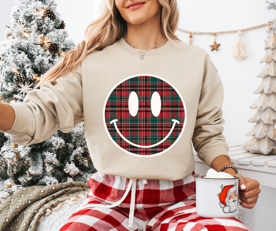 Christmas Plaid Smiley Face (Pick Your Sweatshirt Color) - Graphic Tee - The Red Rival
