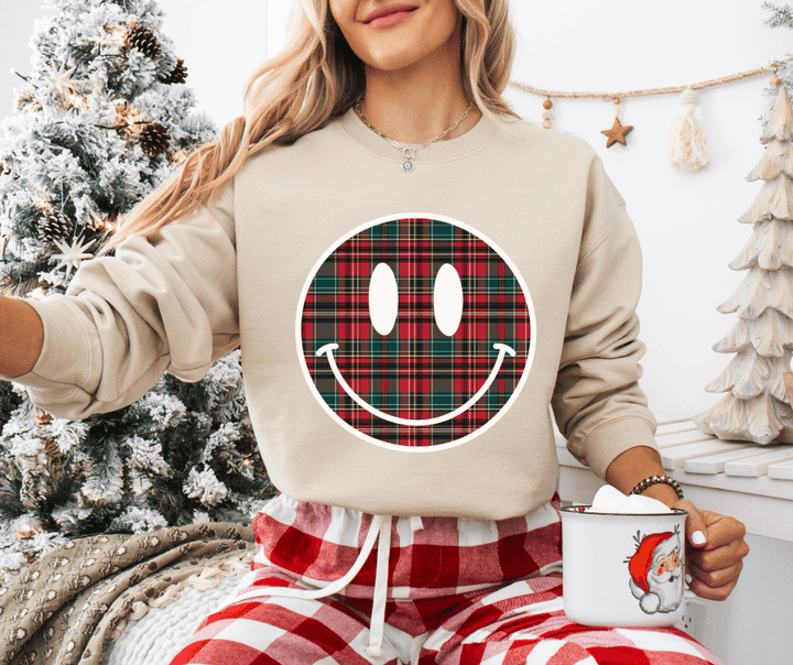 Christmas Plaid Smiley Face (Pick Your Sweatshirt Color) - Graphic Tee - The Red Rival