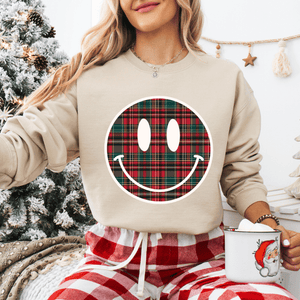 Christmas Plaid Smiley Face (Pick Your Sweatshirt Color) - Graphic Tee - The Red Rival