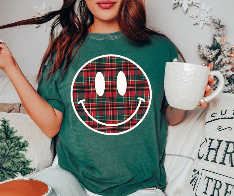Christmas Plaid Smiley Face (Pick Your Tee Color) - Graphic Tee - The Red Rival