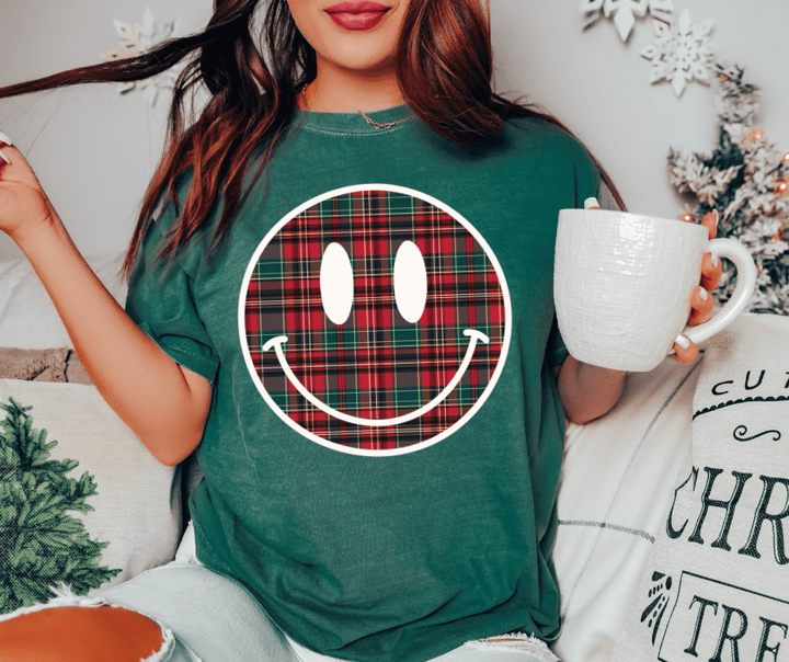 Christmas Plaid Smiley Face (Pick Your Tee Color) - Graphic Tee - The Red Rival