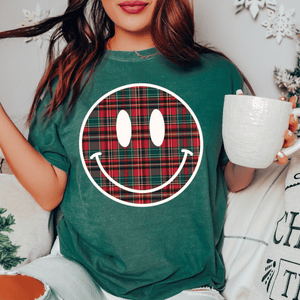Christmas Plaid Smiley Face (Pick Your Tee Color) - Graphic Tee - The Red Rival