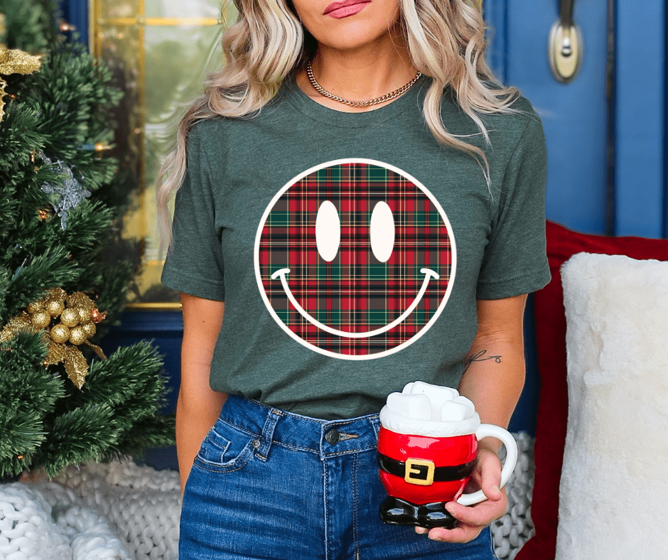 Christmas Plaid Smiley Face (Pick Your Tee Color) - Graphic Tee - The Red Rival