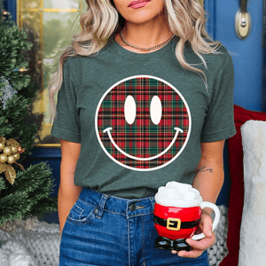 Christmas Plaid Smiley Face (Pick Your Tee Color) - Graphic Tee - The Red Rival