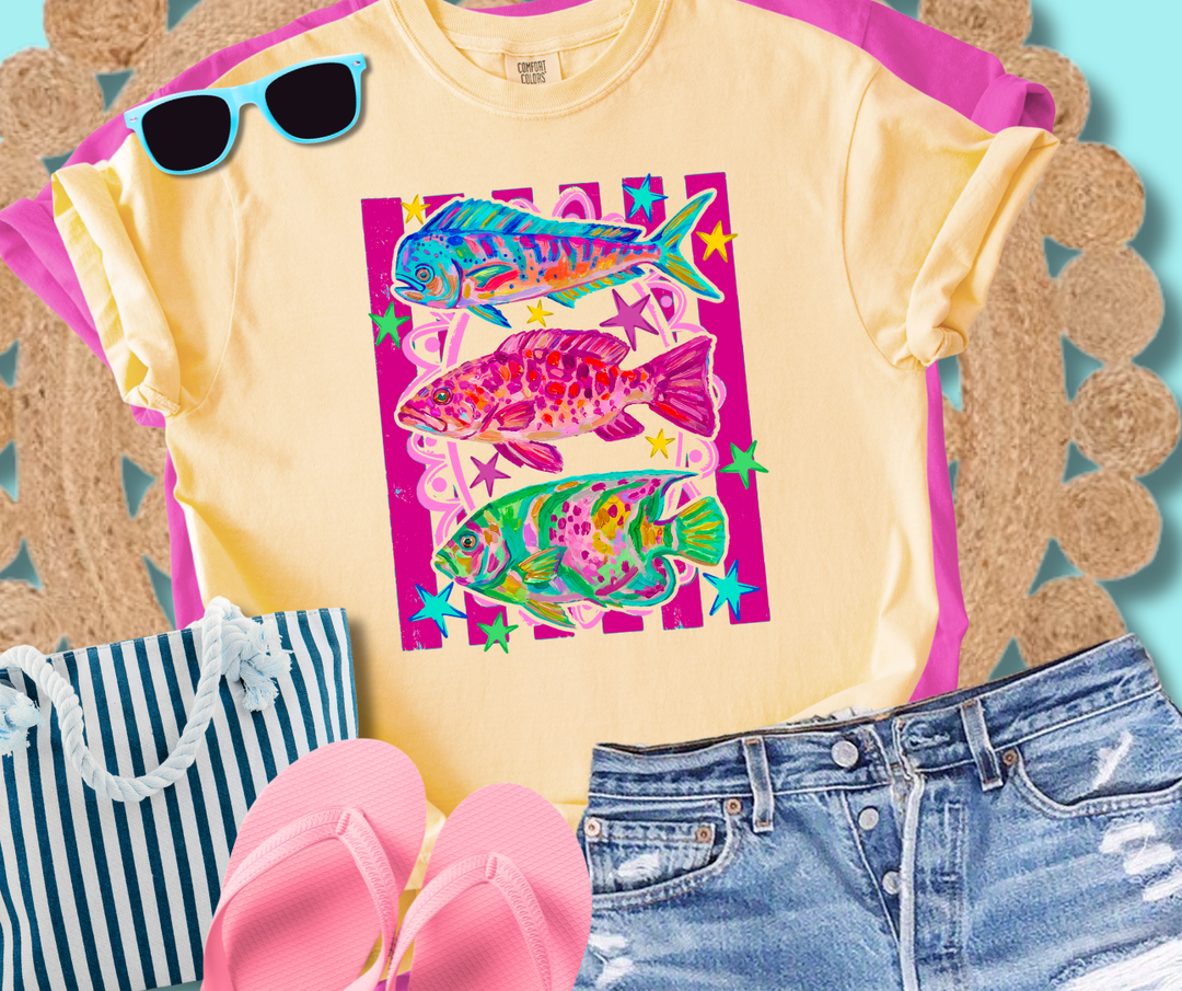 Colorful Ocean Fish Light Yellow Tee - Graphic Tee - The Red Rival