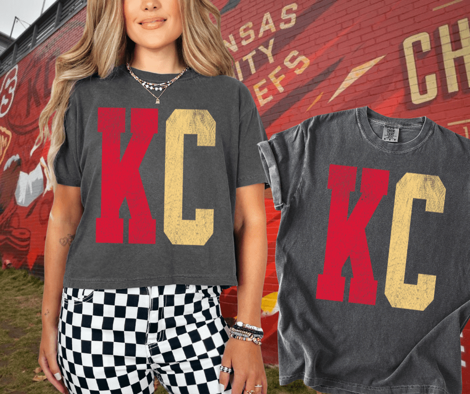 Cropped Red/Gold Distressed Oversized KC Letters - Tees - The Red Rival