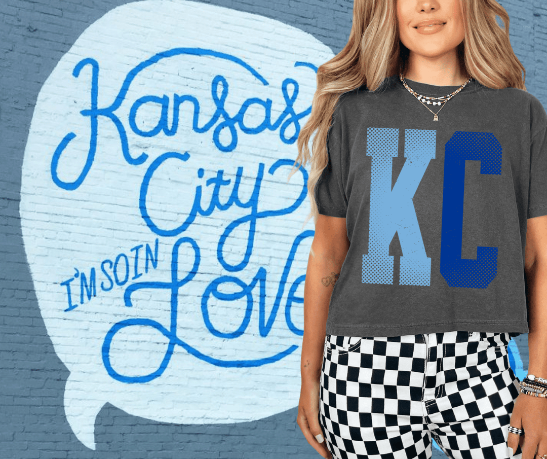 Cropped Tee w/ Light Blue/Royal Blue Distressed Oversized KC Letters - Tees - The Red Rival
