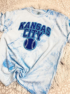 Custom Kansas City Baseball Chenille Patch on Blue Tie Dye Tee - Graphic Tee - The Red Rival