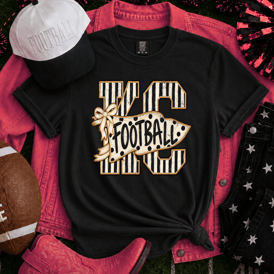 DEAL OF THE DAY - Black & White Striped KC Letters Pennant Black Tee or Sweatshirt - FINAL SALE - Graphic Tee - The Red Rival