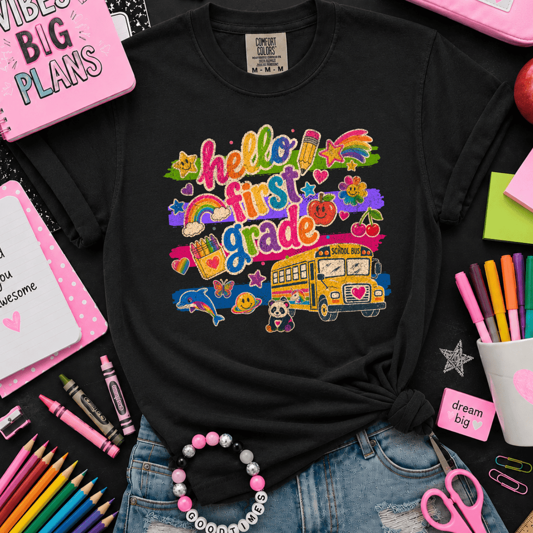 DEAL OF THE DAY - Bright Whimsical Hello Grade Level Black Tee (FINAL SALE) - Tees - The Red Rival