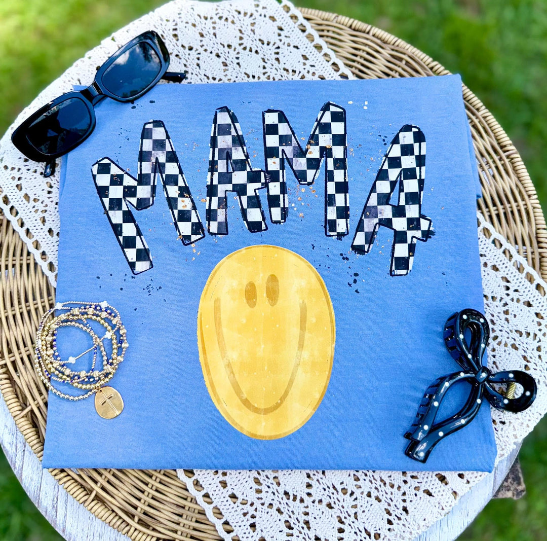 DEAL OF THE DAY - Checkered Mama Smiley Face Blue Tee (FINAL SALE) - Tees - The Red Rival