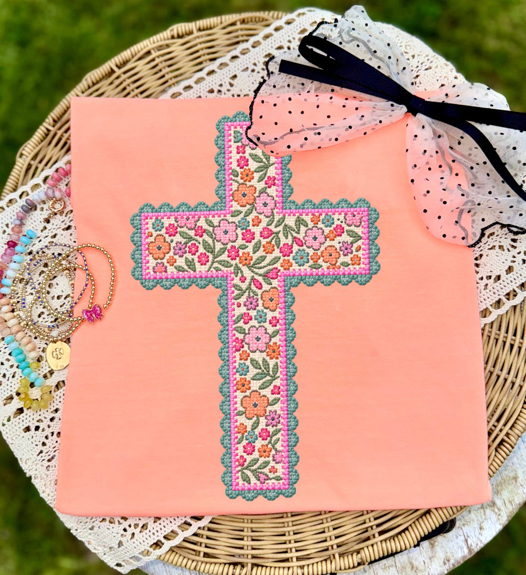 DEAL OF THE DAY - Faux Cross Stich Cross Neon Cantaloupe Tee (FINAL SALE) - Tees - The Red Rival