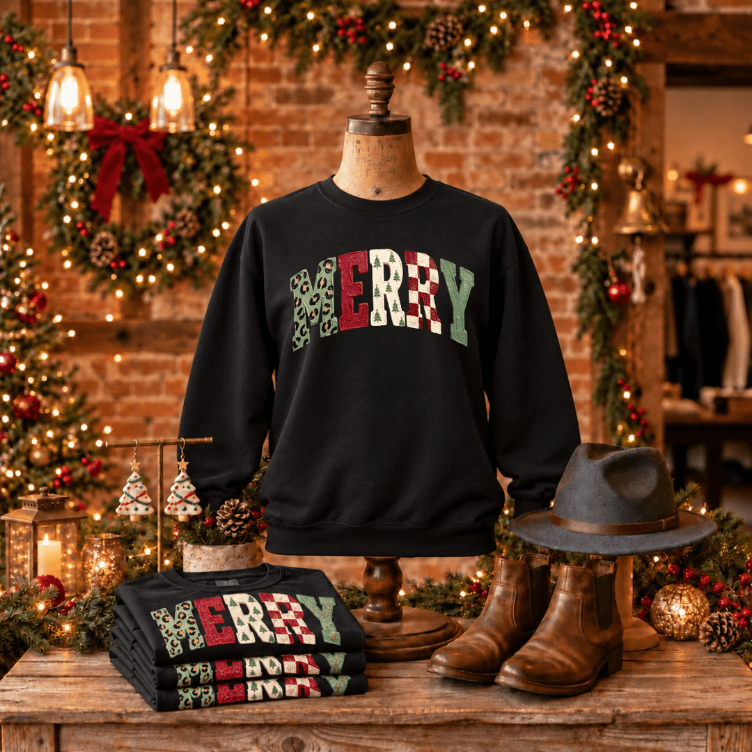 DEAL OF THE DAY - Faux Painted Patterned Merry Black Tee or Sweatshirt (FINAL SALE) - Tees - The Red Rival