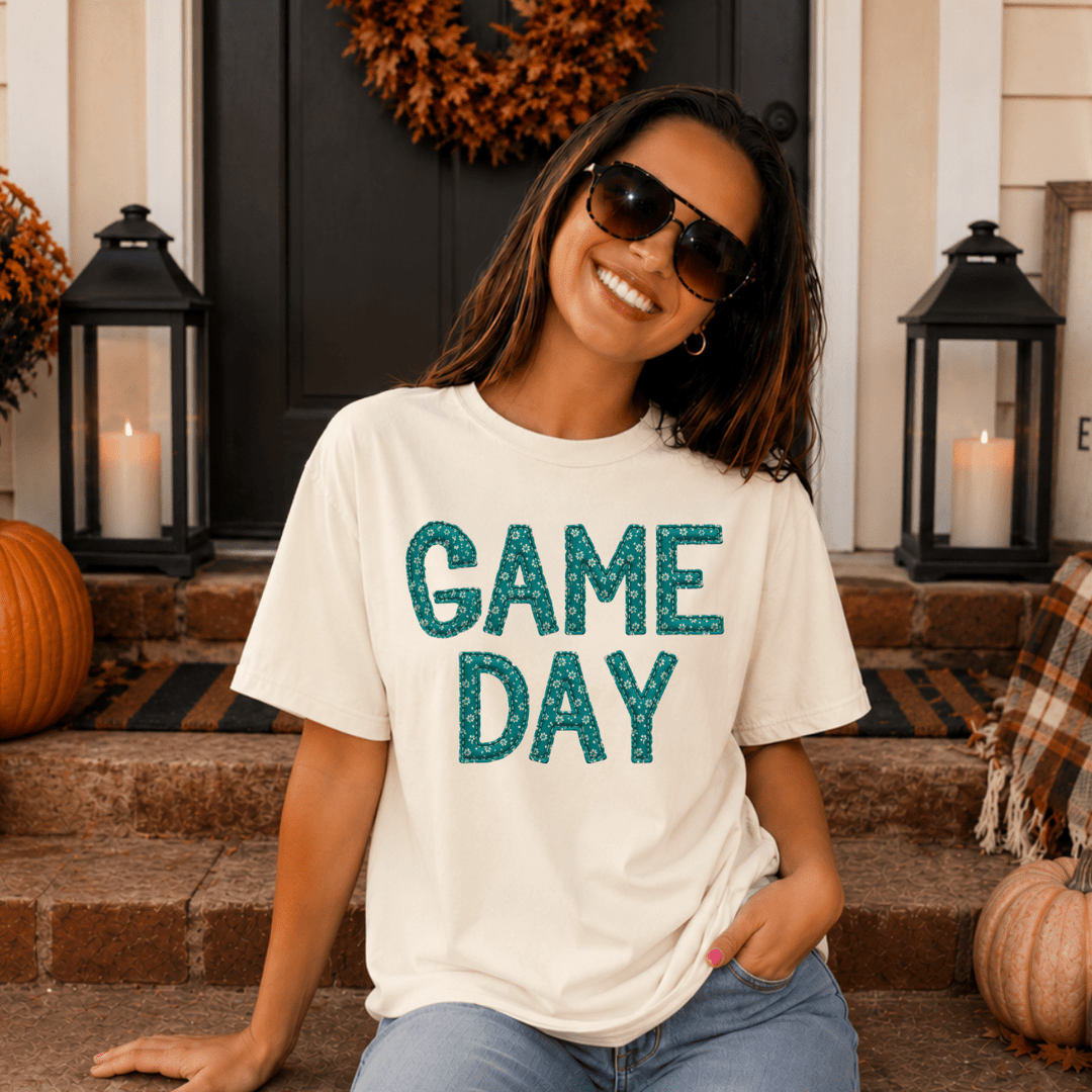 DEAL OF THE DAY - Floral Green Game Day Letters Ivory Tee (FINAL SALE) - Tees - The Red Rival