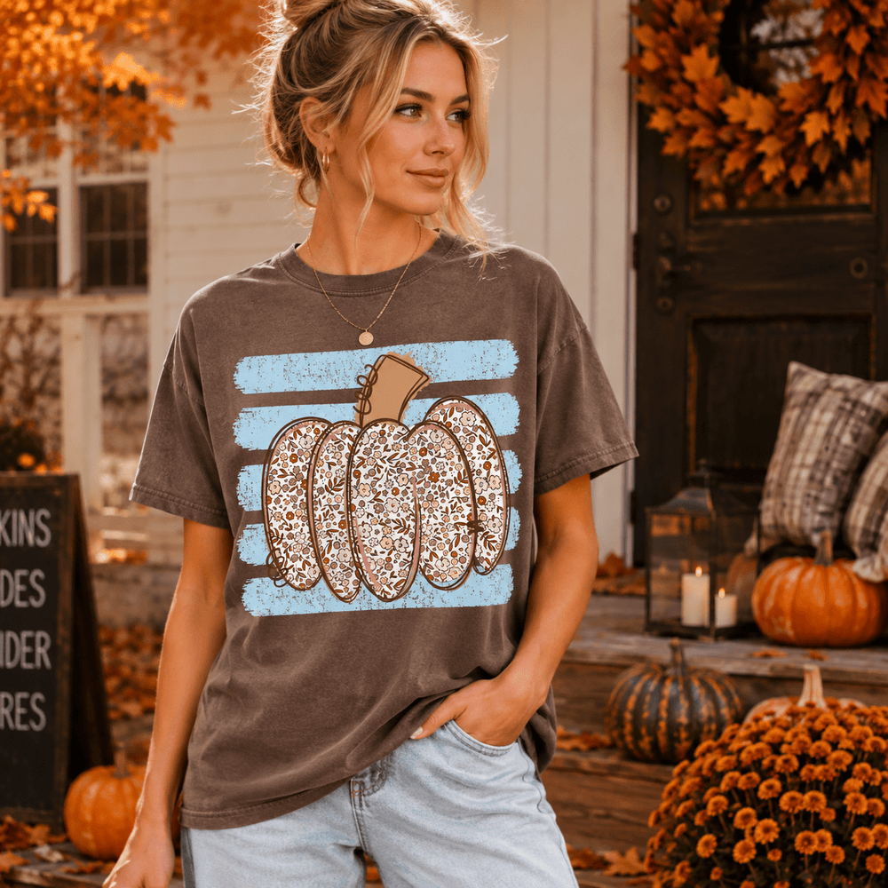 DEAL OF THE DAY - Floral Pumpkin Blue Stripes Brown Tee or Sweatshirt - FINAL SALE - Graphic Tee - The Red Rival