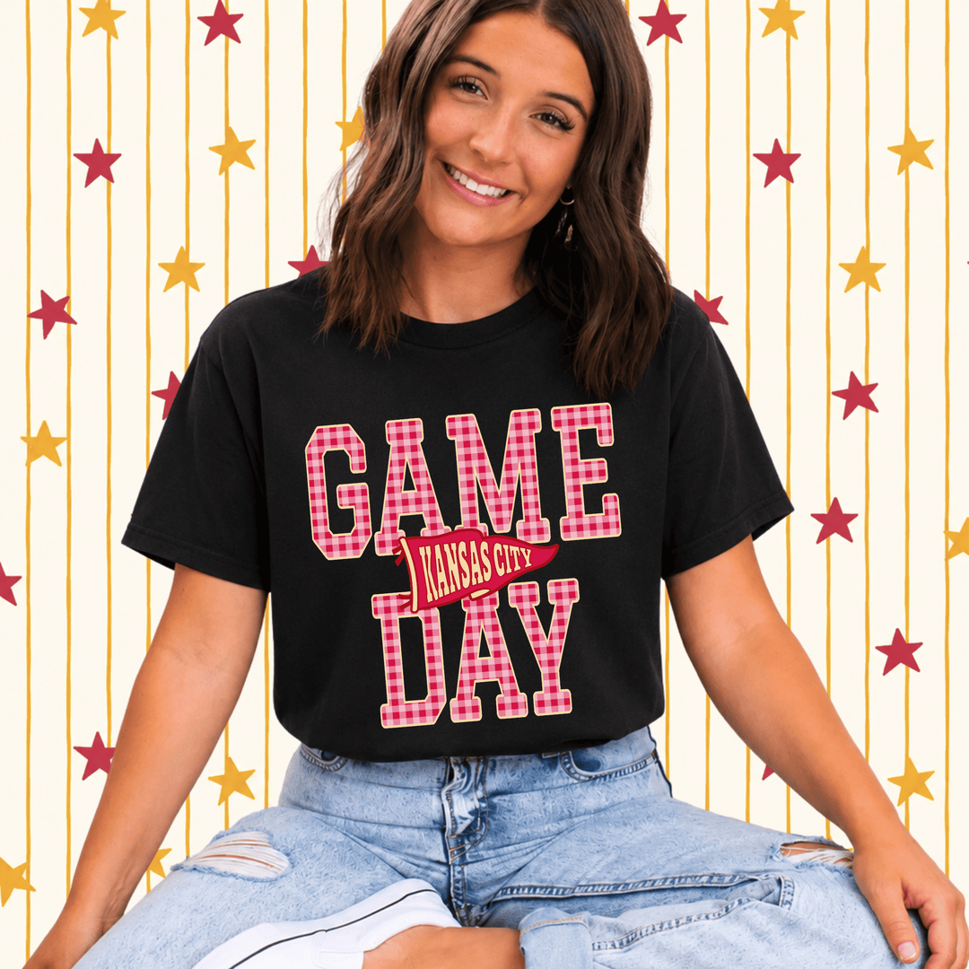 DEAL OF THE DAY - Gingham Kansas City Game Day Black Tee - (FINAL SALE) - Tees - The Red Rival