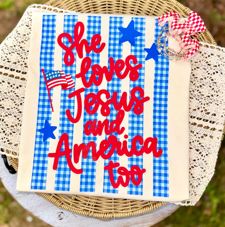 DEAL OF THE DAY - Gingham She Loves Jesus and America too Ivory Tee (FINAL SALE) - Graphic Tee - The Red Rival