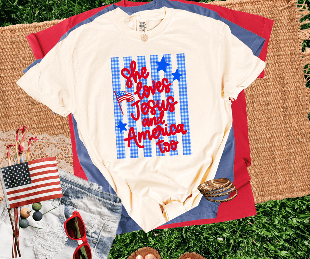 DEAL OF THE DAY - Gingham She Loves Jesus and America too Ivory Tee (FINAL SALE) - Graphic Tee - The Red Rival