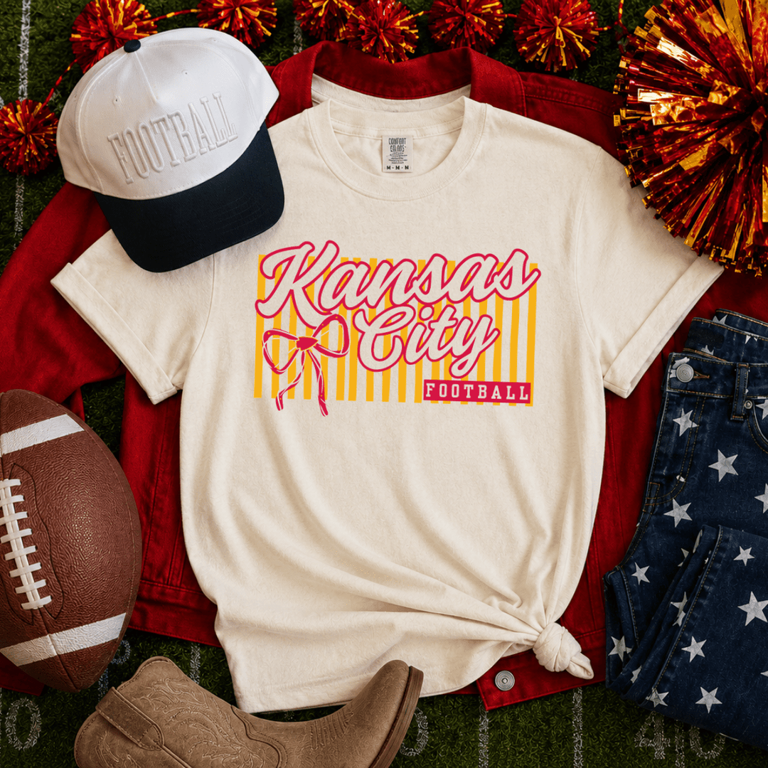 DEAL OF THE DAY - Gold Striped Kansas City Football Script Ivory Tee (FINAL SALE) - Tees - The Red Rival