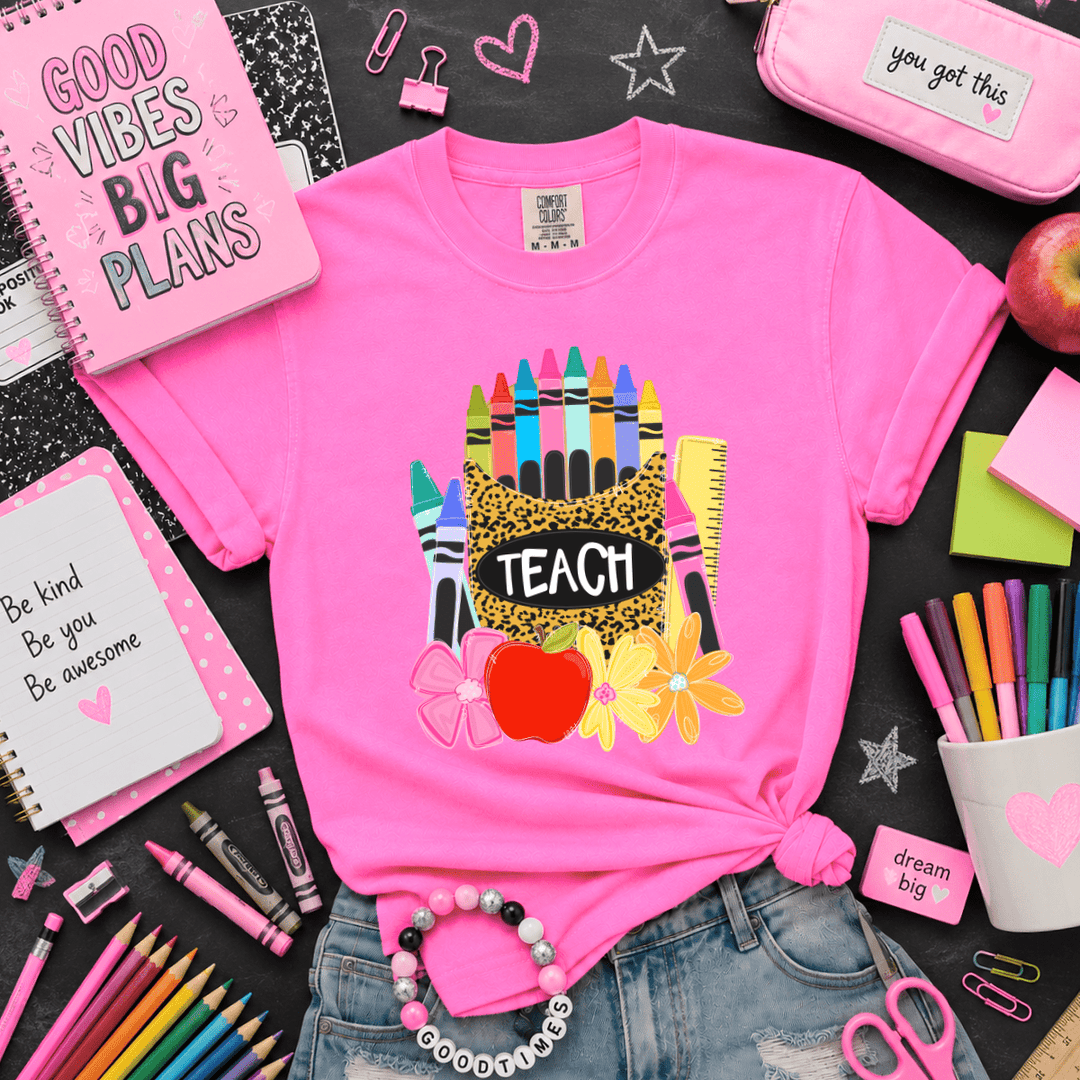 DEAL OF THE DAY - Leopard TEACH Crayon Box Neon Pink Tee - FINAL SALE - Graphic Tee - The Red Rival