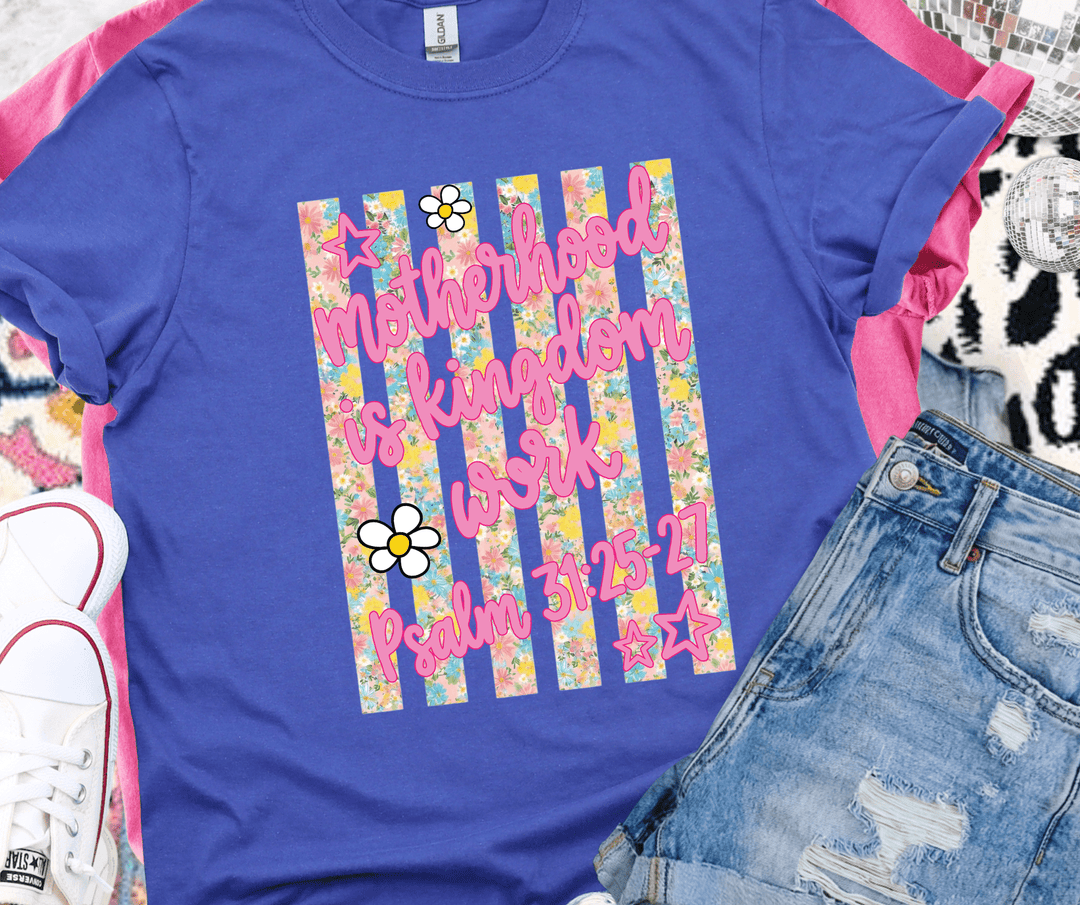 DEAL OF THE DAY - Motherhood is Kingdom Work Pink Text Blue Tee (FINAL SALE) - Tees - The Red Rival