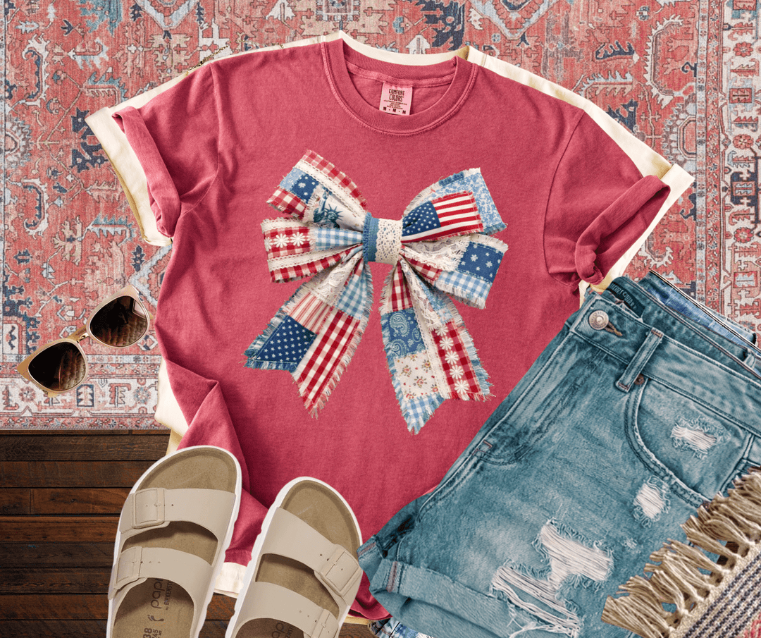 DEAL OF THE DAY - Patriotic Patchwork Bow Crimson Tee (FINAL SALE) - Graphic Tee - The Red Rival