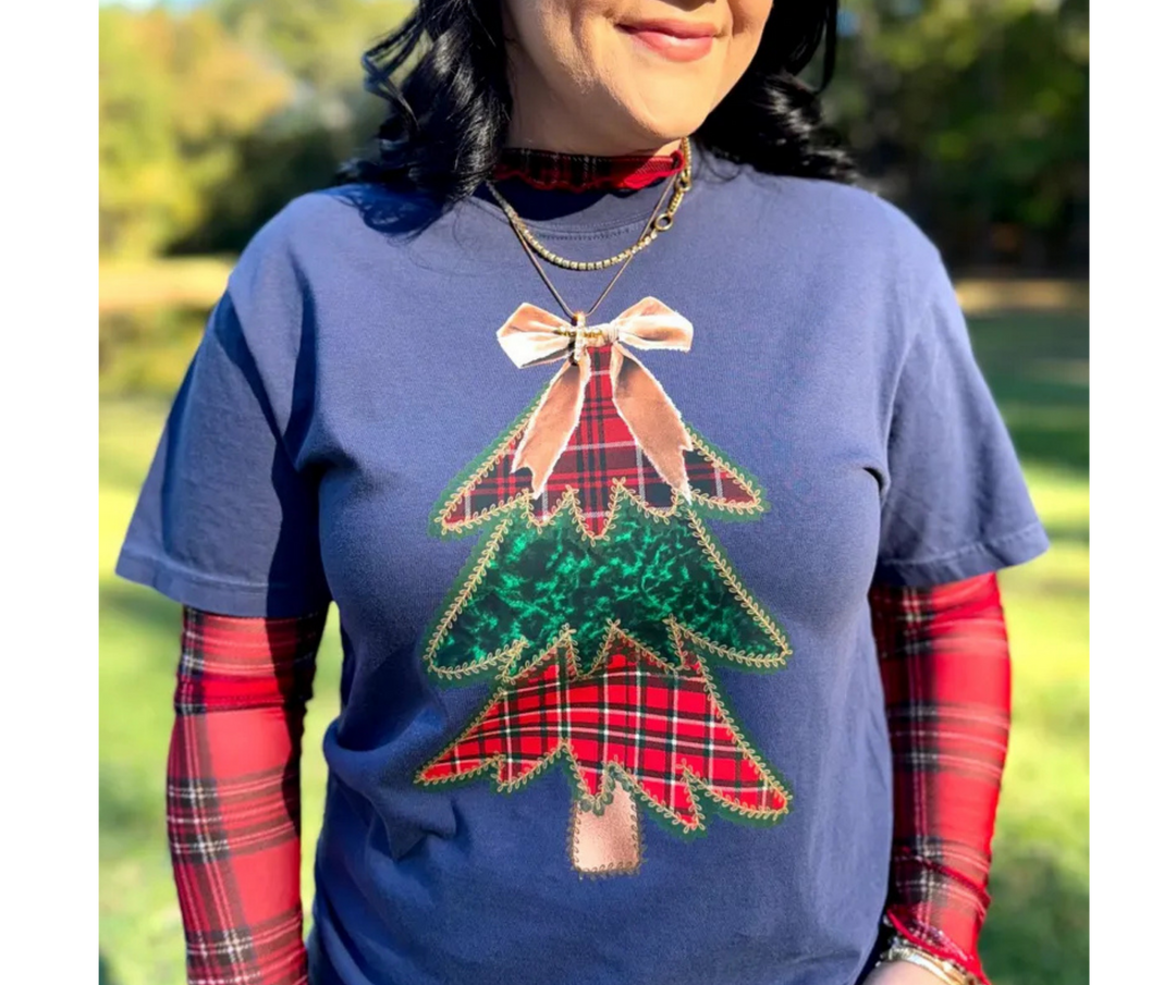 DEAL OF THE DAY - Patterned Bow Christmas Tree Navy Tee (FINAL SALE) - Tees - The Red Rival