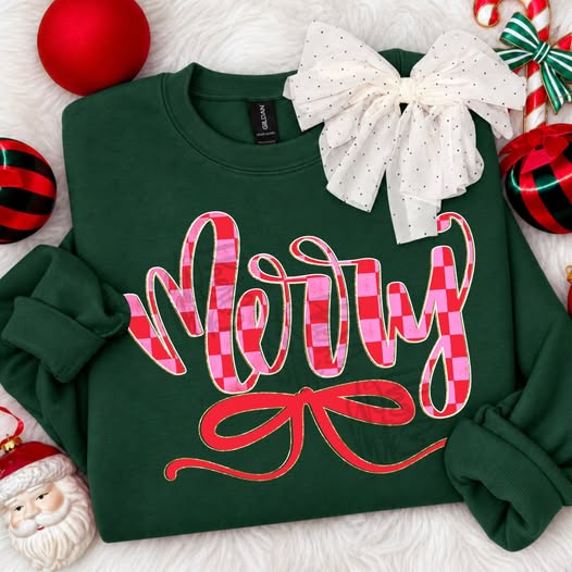 DEAL OF THE DAY - Pink Checkered Merry Script Dark Green Tee or Sweatshirt (FINAL SALE) - Tees - The Red Rival