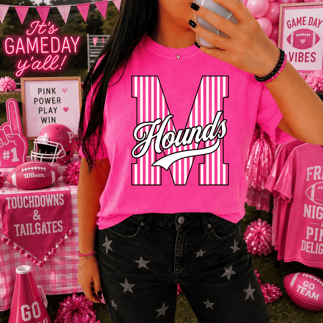 DEAL OF THE DAY - Pink Out - Black/White Striped HOUNDS NEON Pink Tee (FINAL SALE) - Graphic Tee - The Red Rival