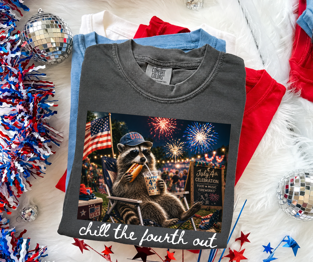 DEAL OF THE DAY - Raccoon Chill the Fourth Out Hot Dog & Iced Coffee (Pick your tee color) - FINAL SALE - Graphic Tee - The Red Rival
