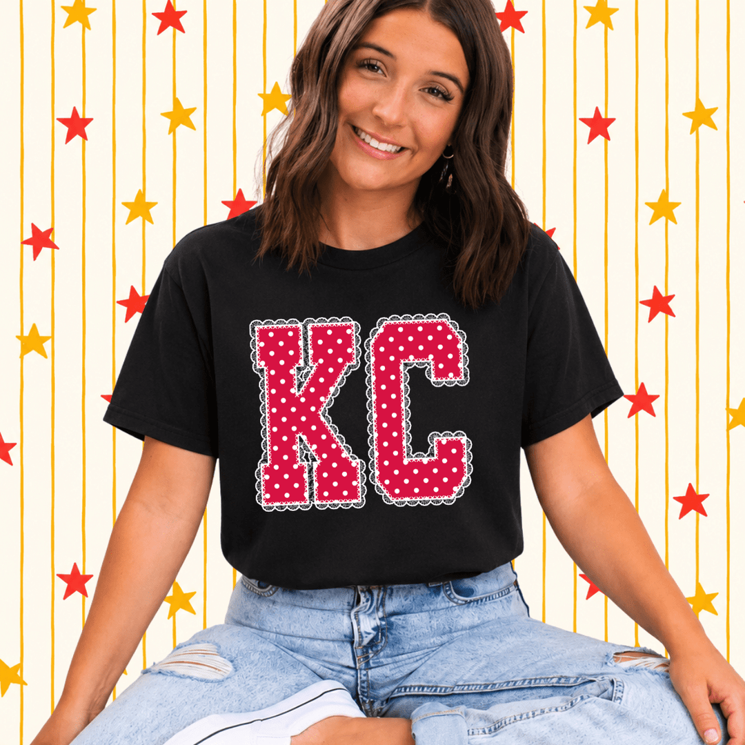DEAL OF THE DAY - Red/White Polkadot Lace KC Letters - Black Tee or Sweatshirt (FINAL SALE) - Tees - The Red Rival