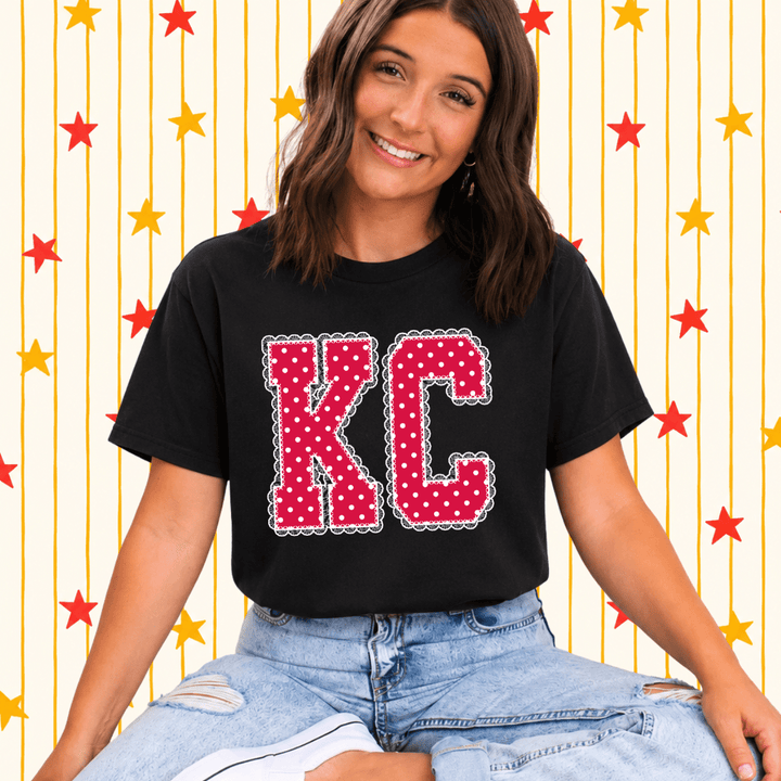 DEAL OF THE DAY - Red/White Polkadot Lace KC Letters - Black Tee or Sweatshirt (FINAL SALE) - Tees - The Red Rival