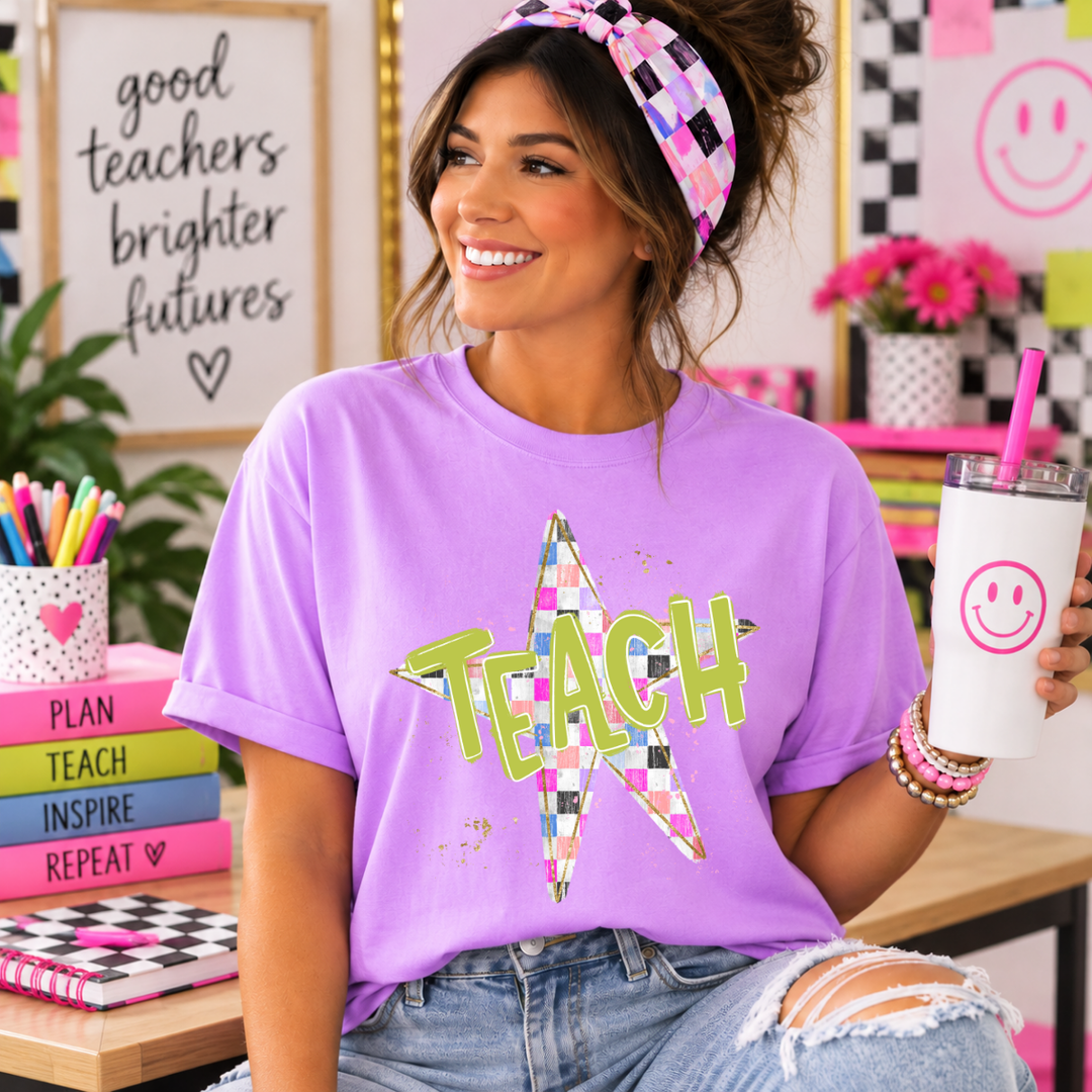 DEAL OF THE DAY - Retro Checkered Teach Star Neon Purple Tee (FINAL SALE) - Tees - The Red Rival