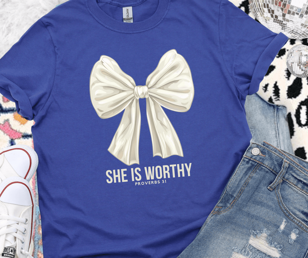 DEAL OF THE DAY - She Is Worthy Bow Blue Tee - Tees - The Red Rival