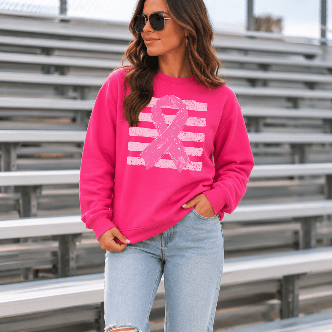 DEAL OF THE DAY - Striped Breast Cancer Ribbon Pink Tee or Sweatshirt - FINAL SALE - Graphic Tee - The Red Rival