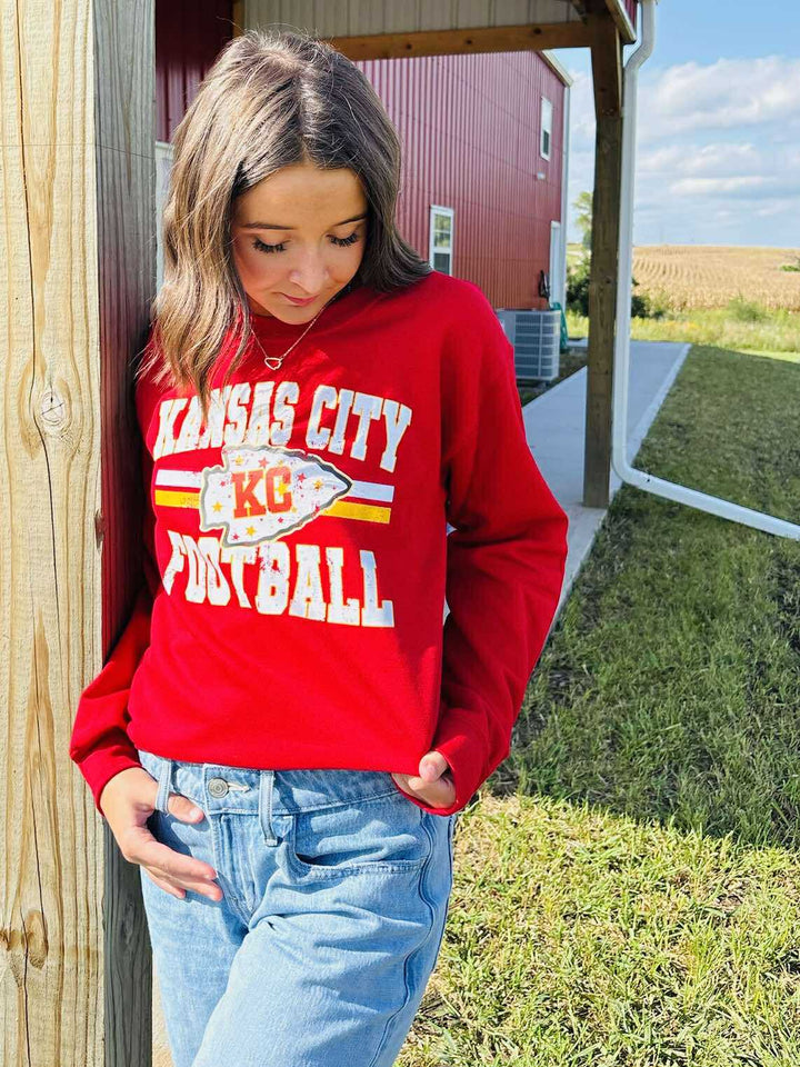 Distressed Kansas City Football Red Sweatshirt - Graphic Tee - The Red Rival
