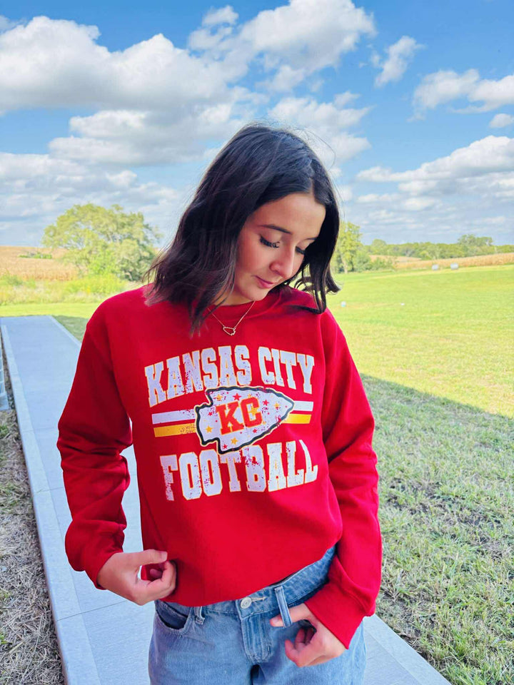 Distressed Kansas City Football Red Sweatshirt - Graphic Tee - The Red Rival