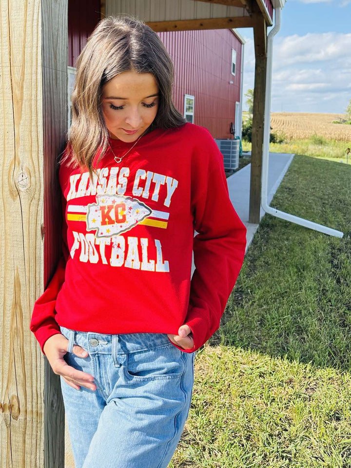 Distressed Kansas City Football Red Sweatshirt - Graphic Tee - The Red Rival
