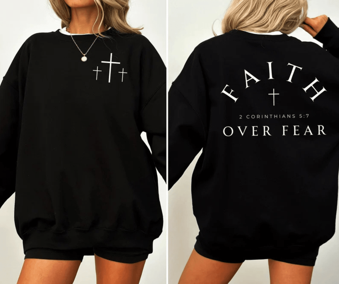 Faith Over Fear Corinthians 5:7 Black Tee or Sweatshirt - Tees - The Red Rival