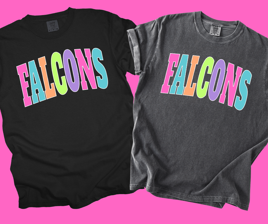 FALCONS - Multi - Color Varsity Letters (Pick your tee color) - Graphic Tee - The Red Rival