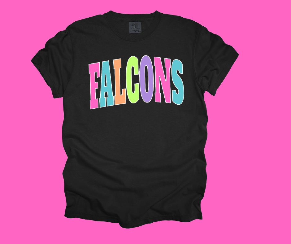 FALCONS - Multi - Color Varsity Letters (Pick your tee color) - Graphic Tee - The Red Rival